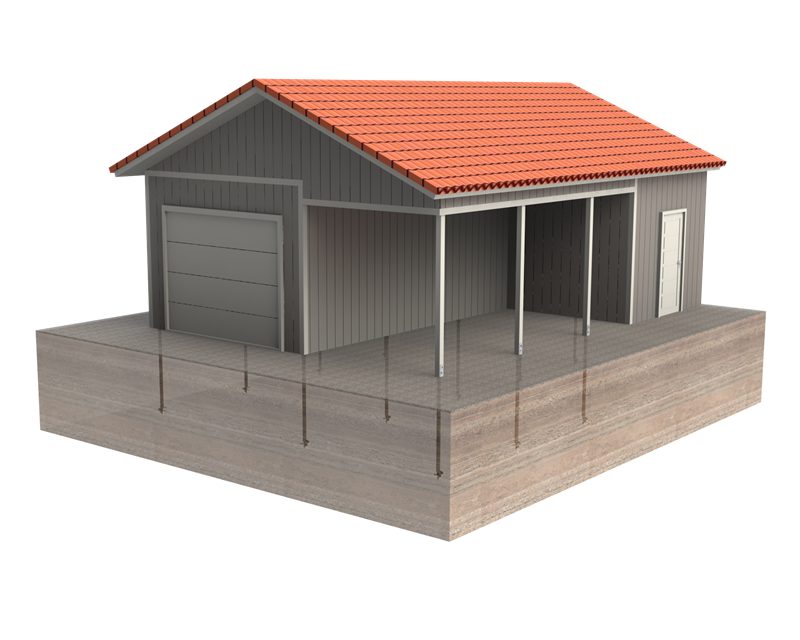 Render 3D de un garaje sobre cimentación de pilotes helicoidales